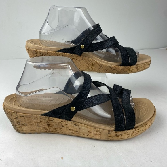Crocs Womens 11 Black A Leigh Strappy Cork Wedge Slip On Sandals - Picture 1 of 6